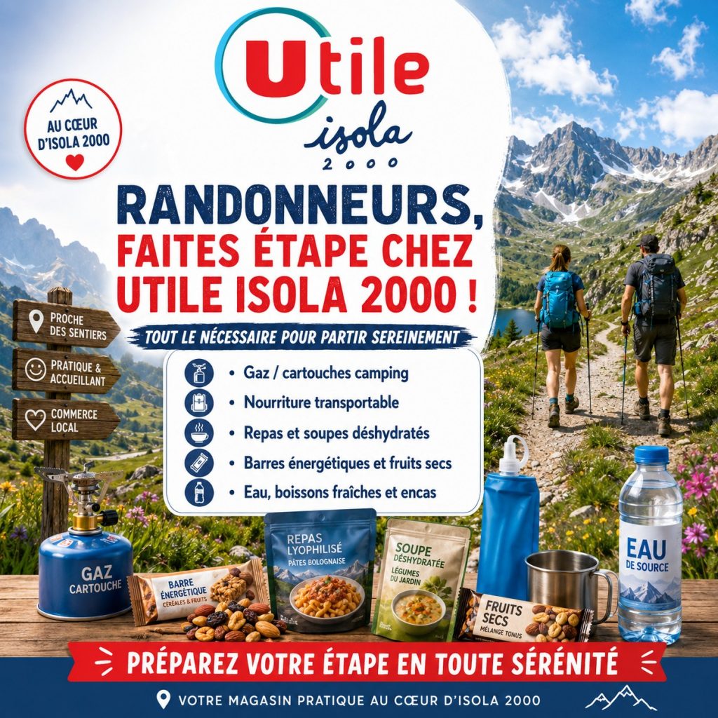 Randonneur en étape de ravitaillement au magasin Utile d'Isola 2000